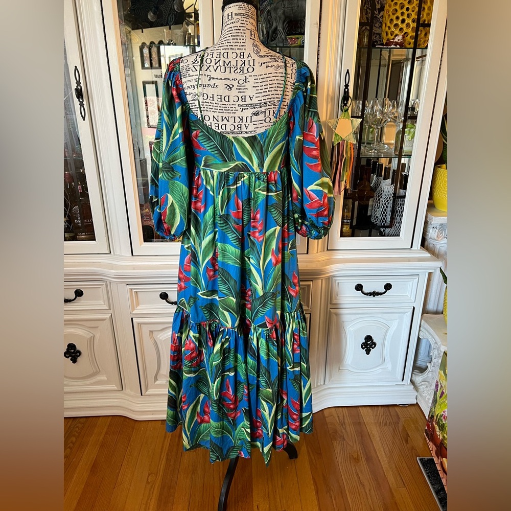 FARM Rio Blue and Green Tropical Print Balloon Sleeves Maxi Dress S - Picture 7 of 16